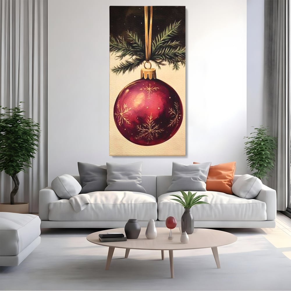 Tablou canvas cu tablou canvas cu glob de craciun visiniu, fara rama, pe sasiu de lemn, pe perete intr-un living
